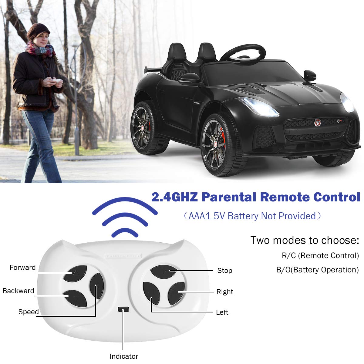 Costzon Ride On Car, 12V Licensed Jaguar F-Type Svr Battery Powered Ride On Toy W/Remote Control, Front/Rear Lights, Mp3, Music, 3 Speeds, Spring Suspension, Electric Vehicle For Kids (Black)
