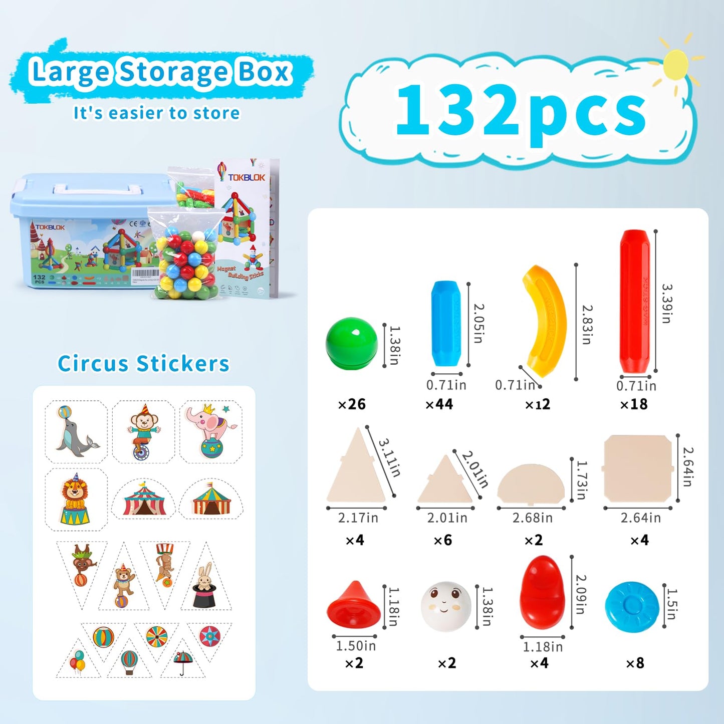 Tokblok Magnetic Building Blocks For Boys And Girls, 132Pcs Creative Magnetic Sticks And Balls Stem Construction Toys For Kids Toddlers Early Development Educational Learning