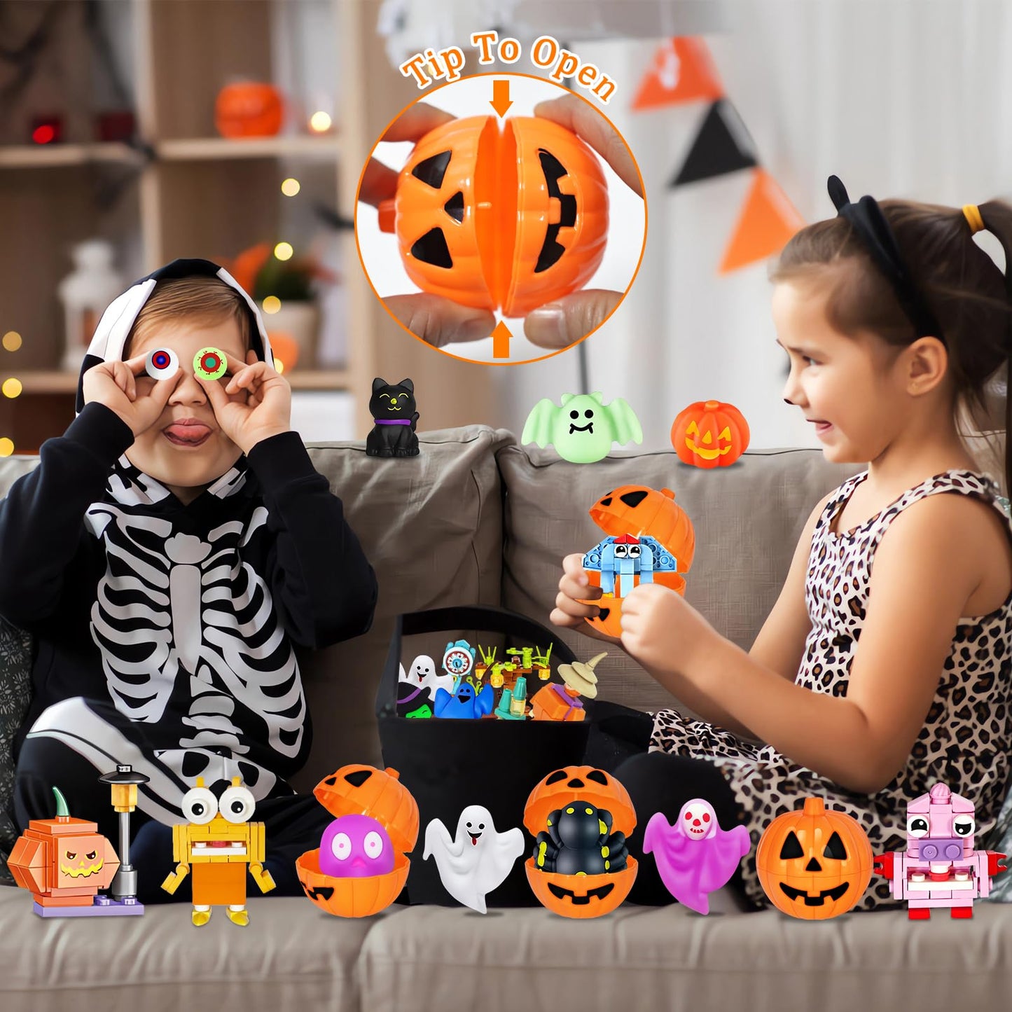 Adisher Halloween Party Favors,12Pcs Mochi Squishy 12Pcs Halloween Building Blocks and 24Pcs Pumpkin Boxes, Halloween Goodie Bag