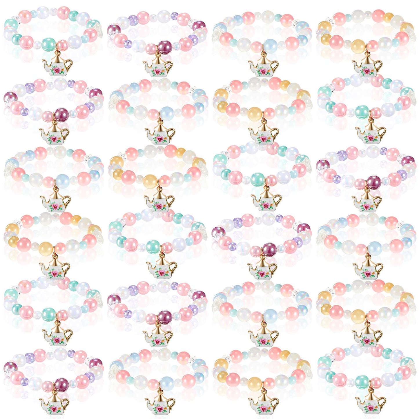 Ecally 24 Pcs Tea Party Favors Bracelet Bulk Mini Flower Tea Pot Beaded Bracelet Gift Party Supplies Pot Pendant Accessories Dec