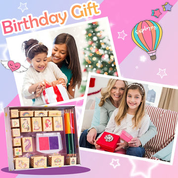 Unicorn Wooden Stamp And Sticker Set For Girls, Stampers, Inkpad, Coloring Pencil, Sticker Included, Arts & Crafts Set For Girls Boys Kids Ages 4 5 6 7 8 9 10 Years Old