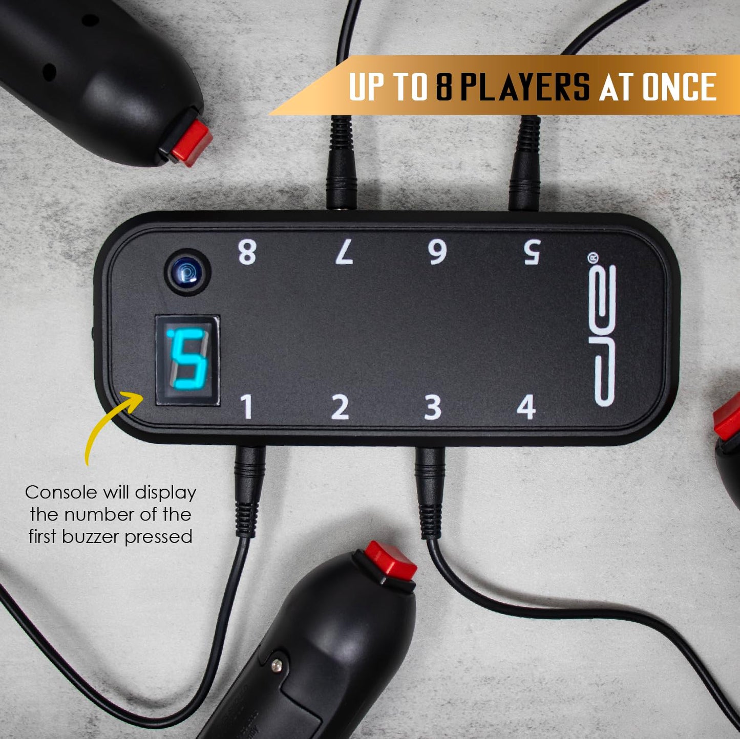 Digital Energy Handheld Buzzer Game System - Console Displays First Buzz-In - Great For Jeopardy, Family Feud, Trivia And Buzzer Games - Console With 8 Joystick Buzzers