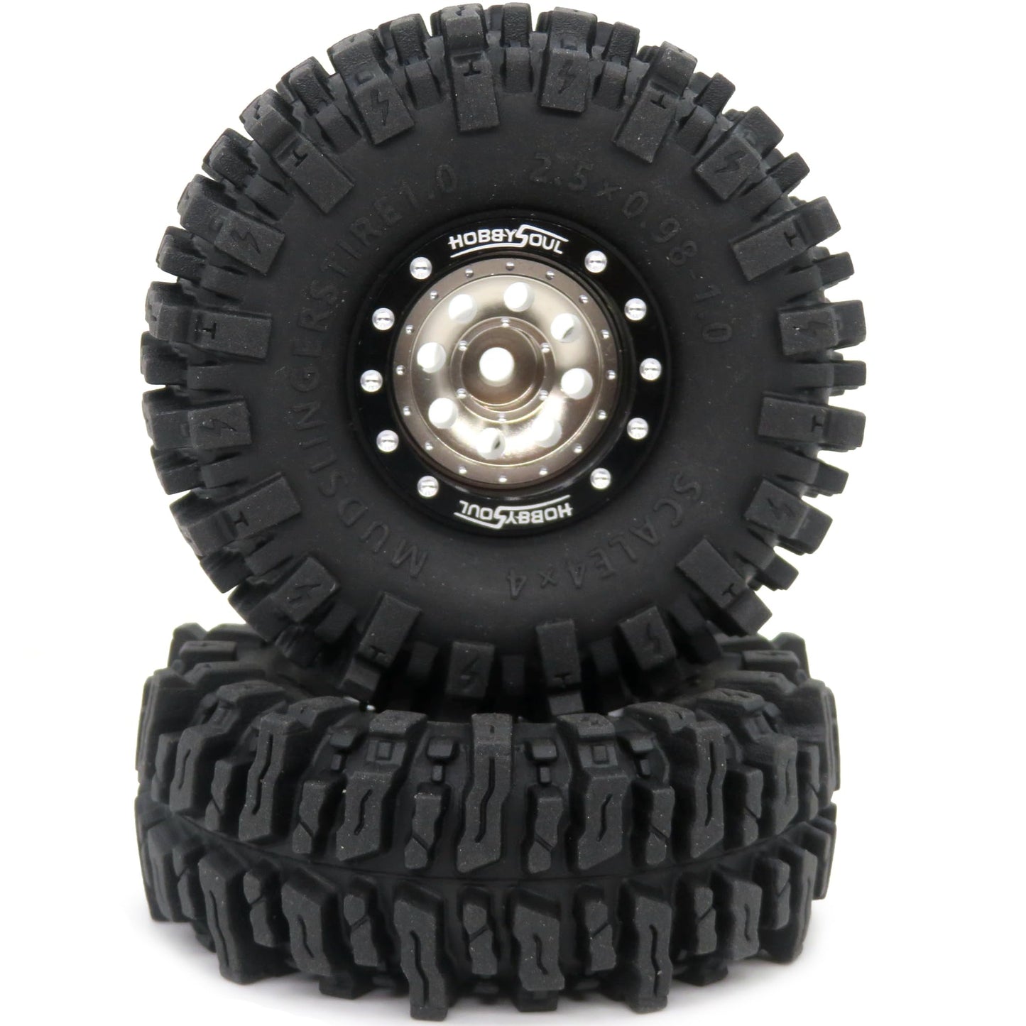 HOBBYSOUL RC 64 * 25mm 1.0 Mud Slingers Tires Soft Sticky Tyres & Heavy 1.0 beadlock Wheels Adjustable Offset Rims for RC Rock C