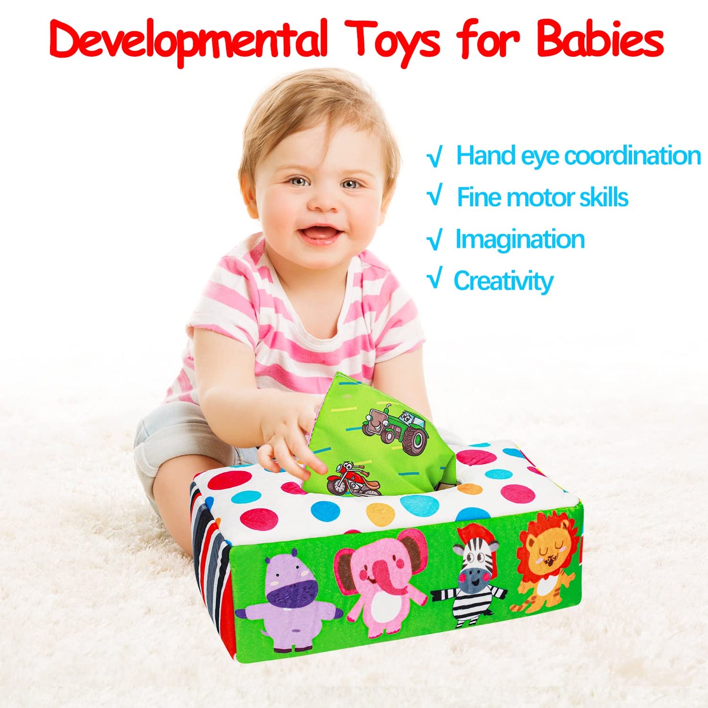 Thremhoo Montessori Tissue Box Baby Toys for Infants 0-12 Months, Multicolor Sensory Crinkle Developmental Gift for Toddlers 1-2 Years