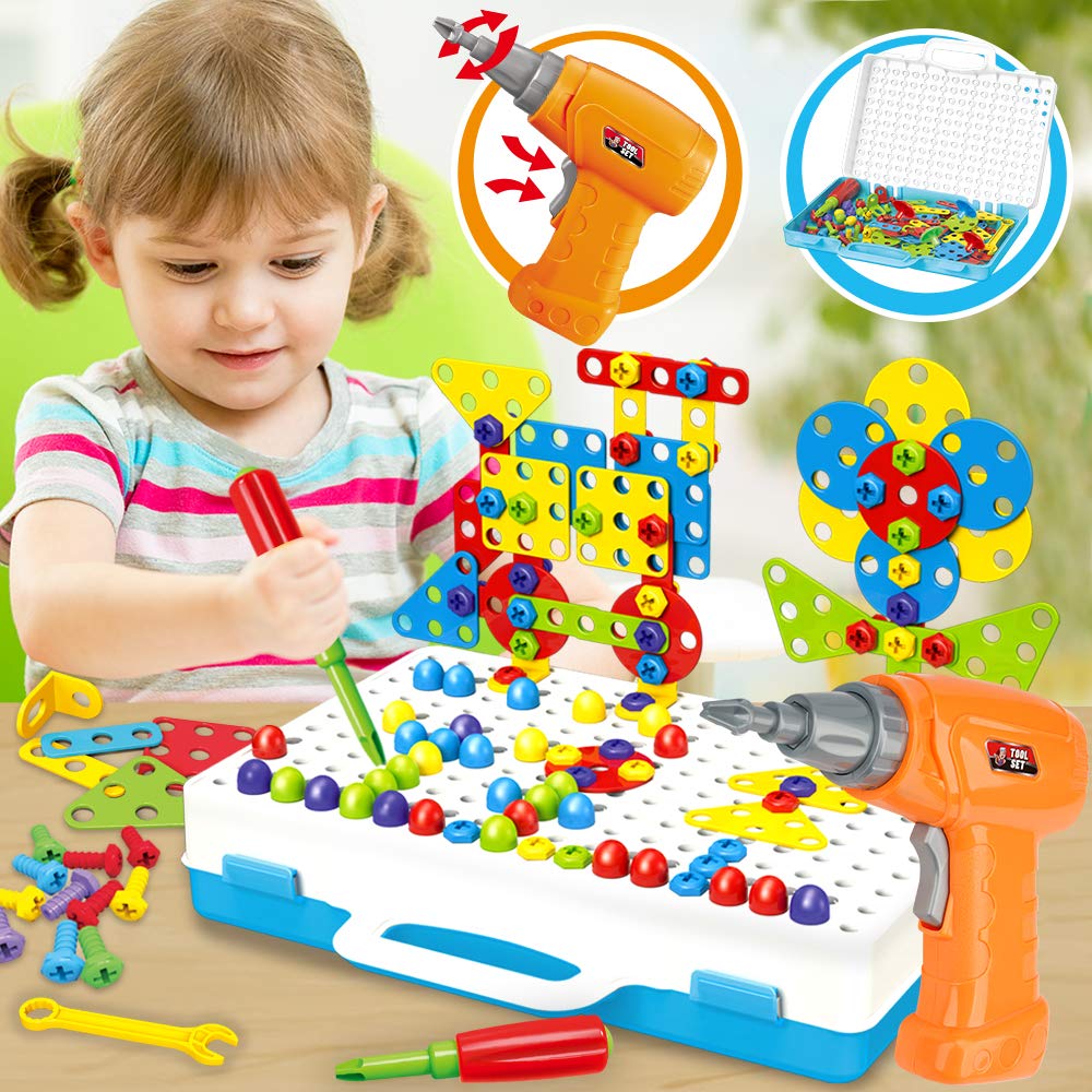 224 Pieces Creative Mosaic Drill Design Puzzle Set for Kids, Electric Drill and Screwdriver toy Tool DIY Educational Set, STEM E