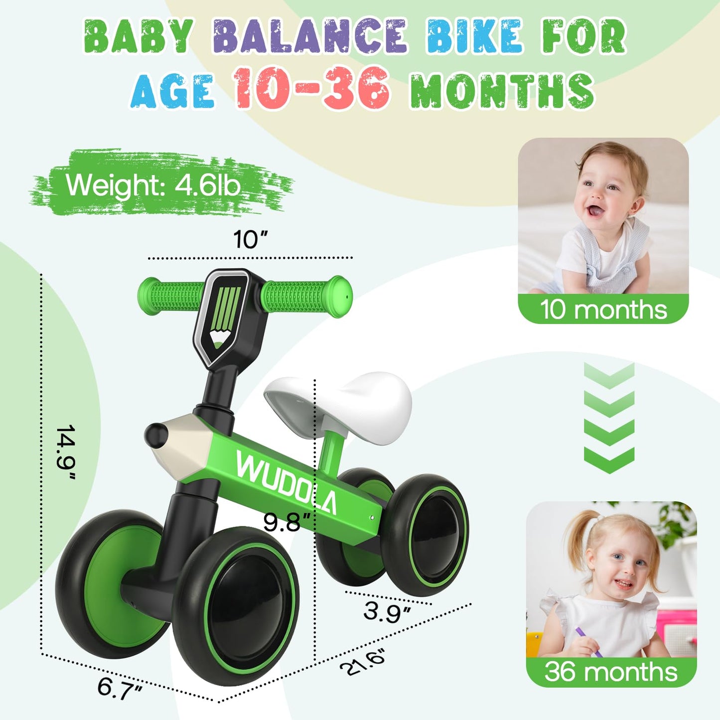 Wudola Baby Balance Bike for 10-36 Months Toddler First Riding Toys, No Pedal 4 Wheels Baby Walker for 1 Year Old Boys Girls Bir