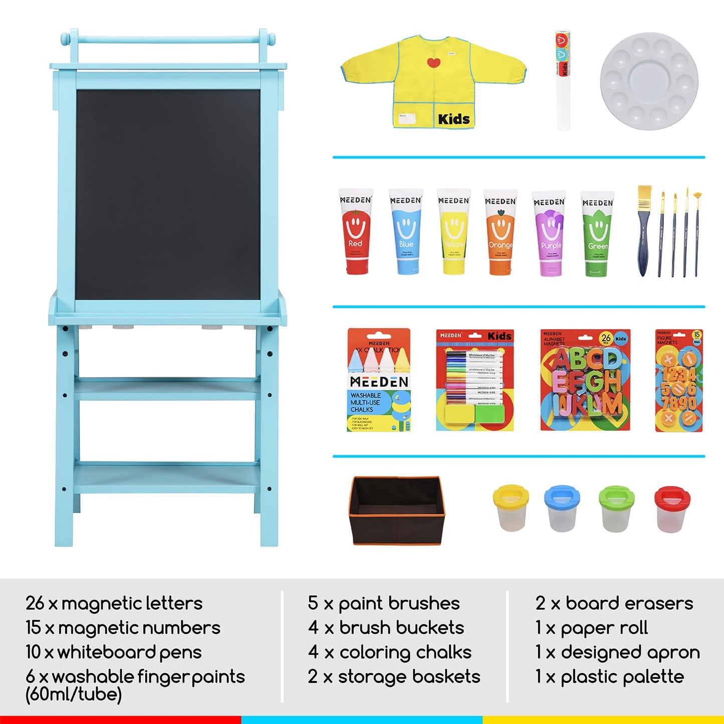 Meeden Art Kids Wooden Easel: Double-Sided Solid Pine Wood Art Easel With Paper Roll - Kids Art Easel With Chalkboard & Magnetic Whiteboard For Boy & Girls Gift - Blue