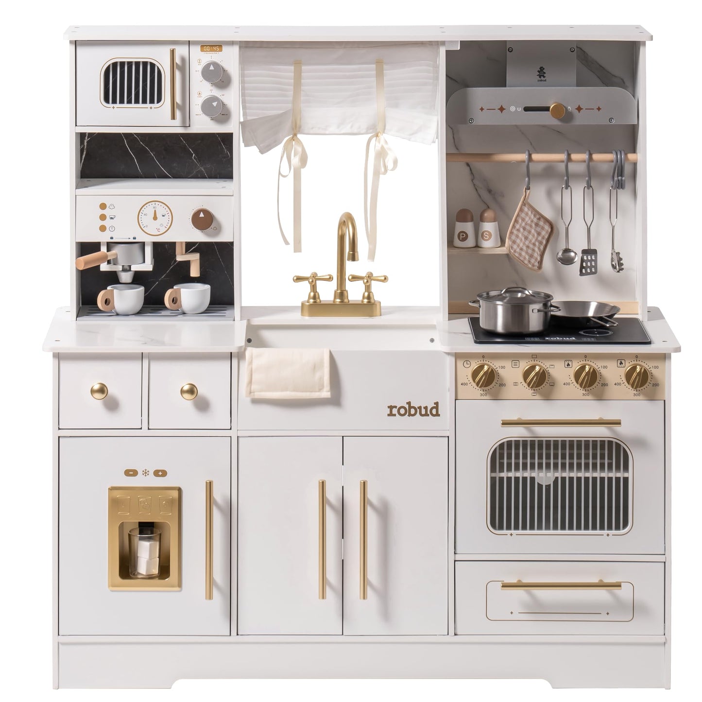 Robud Play Kitchen For Kids, Wooden Play Kitchen Set With Plenty Of Realistic Play Features, Toy Kitchen With Ice Maker, Coffee