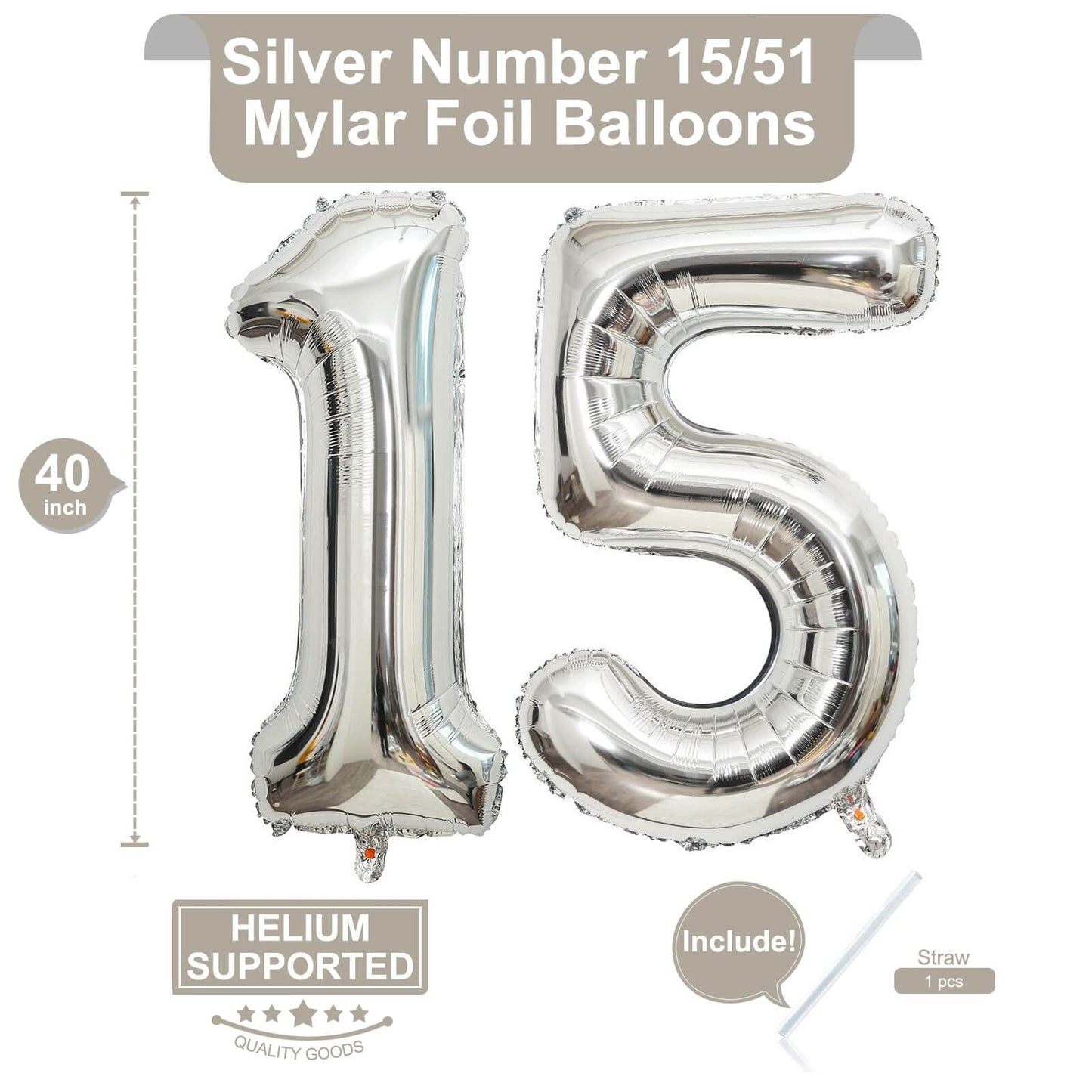 40 Inch Silver 15 Number Balloons Giant 15 Or 51 Balloons Silver Birthday 15 Balloons 15Th Birthday Anniversary Party Decoration