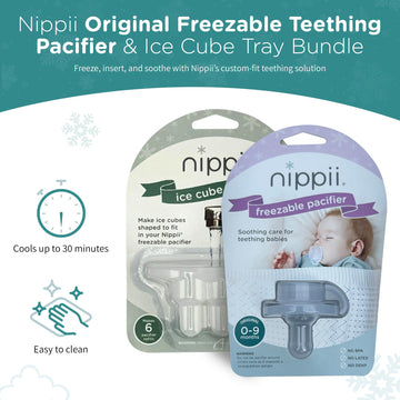 Nippii Freezer Teether Pacifier & Ice Cube Tray - Soft BPA Free Silicone Teething Toy for Babies 0-9 Months - Clear