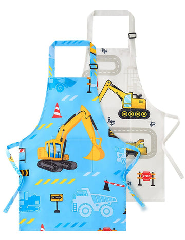 Wernnsai 2 Pack Kids Aprons - Truck Kids Art Aprons For Boys Waterproof Toddler Chef Aprons Cooking Baking Painting Gardening Apron For Kids With Pocket Kitchen Classroom Art Smocks Age 6-10 Years