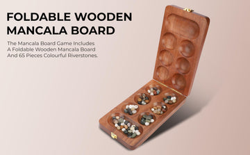 Ajuny Wooden Mancala Board Game Set - Classic Board Games, Portable Folding Travel Mancala Board With Marbles (72+8 Stones), Ide