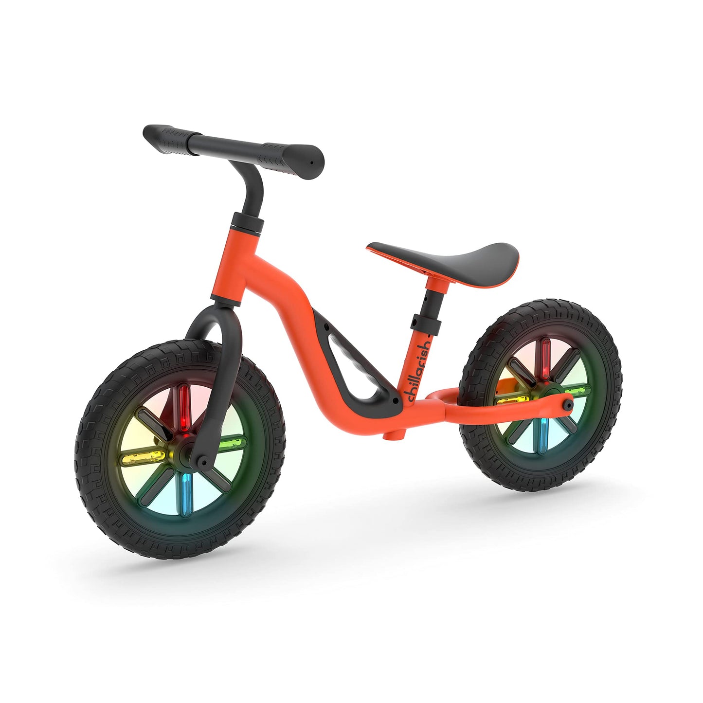Chillafish Charlie Glow Lightweight Toddler Balance Bike Trainer With Light-Up Wheels For Children 18-48 Months, Learn To Ride With 10-Inch No-Puncture Tires, Adjustable Seat And Carry Handle, Orange