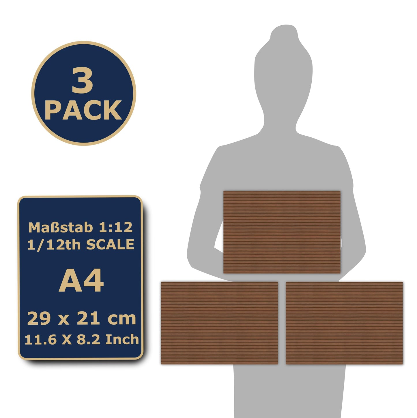 3 Sheets Self-Adhesive Wall Cladding for Dollhouse 1:12 Scale (Wood Peneele Brown)