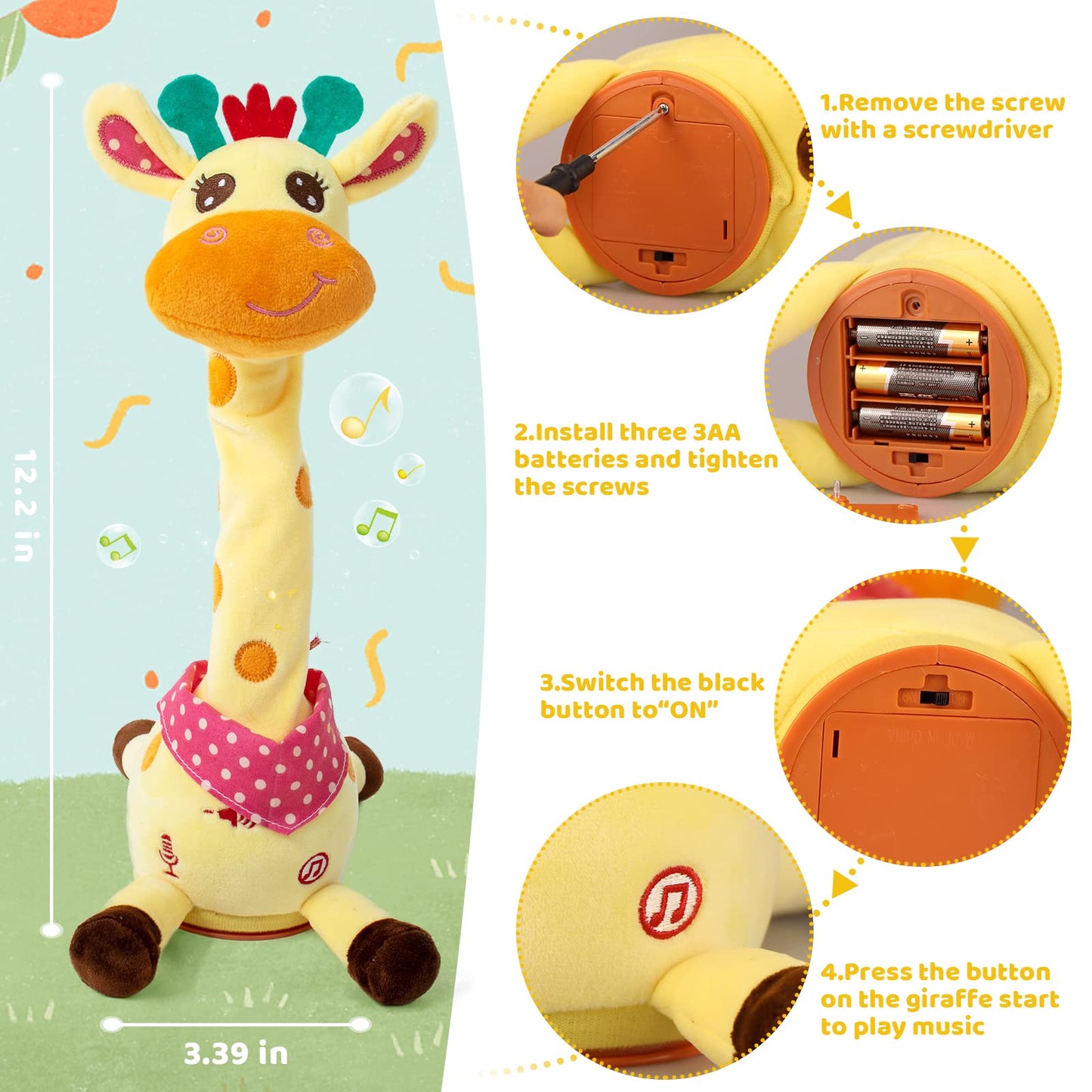 Emoin Giraffe Stuffed Animal Baby Toys 6 To 12 Months Giraffe Toys Singing 10 Children'S Songs Dancing Giraffe Light Up Toys Repeat What You Say Giraffe Gifts For Toddlers 1-3 Years Old
