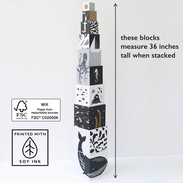 Wee Gallery Nesting Blocks - Ocean Animals And Numbers - Black And White Stacking And Building Toy For Toddlers And Kids - Motor