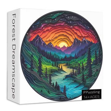 Magic Forest Puzzles For Adults 1000 Pieces, Nature Round Tree Mountain River Sunset Landscape Puzzle, Colorful Paper Cut Art Pu