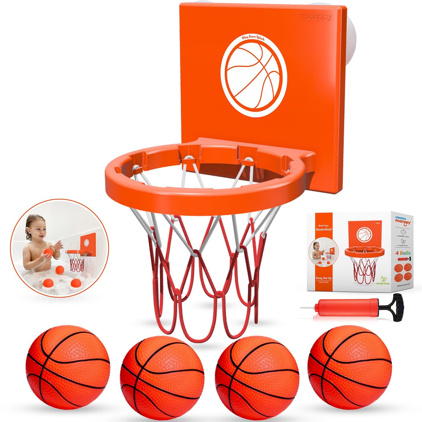 Marppy Bath Toys - Bathtub Basketball Hoop For Kids, Toddlers - Suction Cup Basketball Hoop And 4 Soft And No Hole Balls - Baby & Toddler Basketball Hoop - Boys & Girls - Mini Basketball Hoop