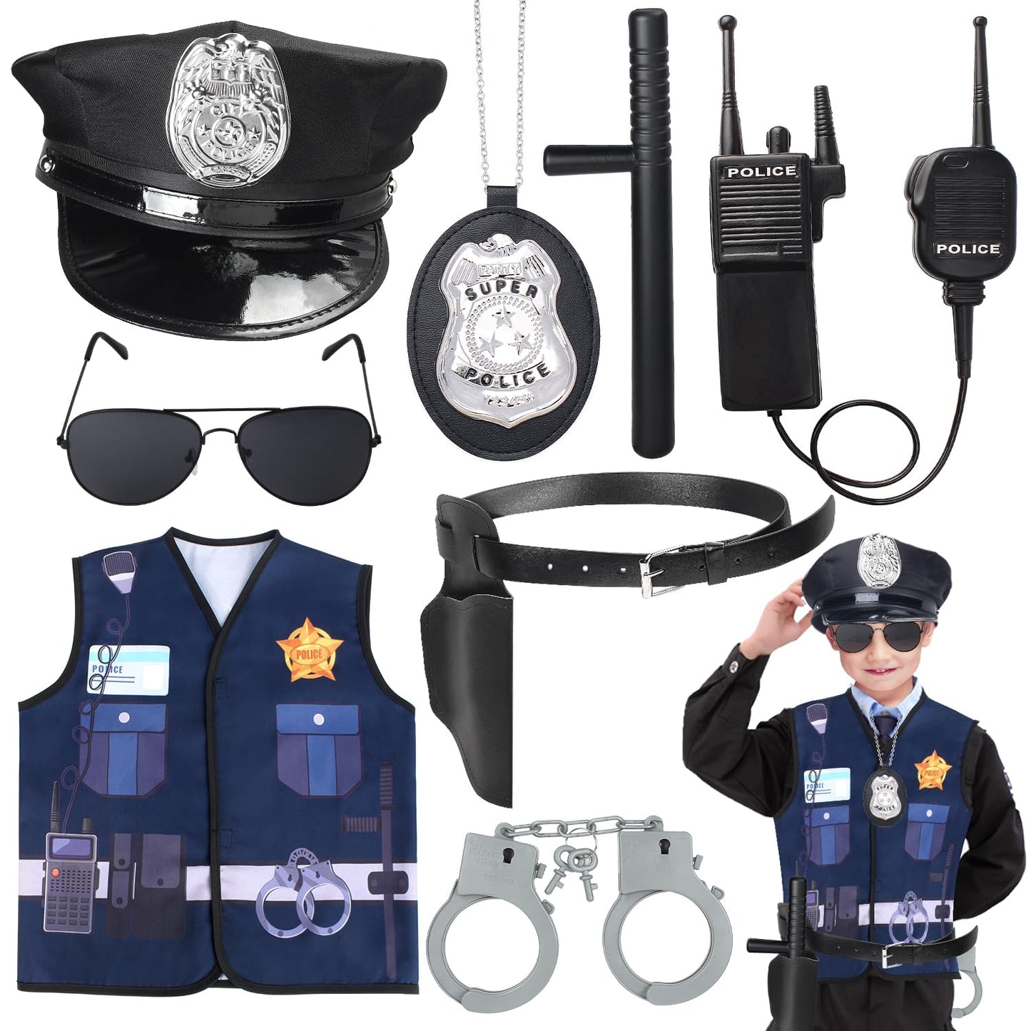 Kyson 8Pcs Police Costume Kit For Boys Police Officer Cop Dress Up Accessories Halloween Career Day (Navy)