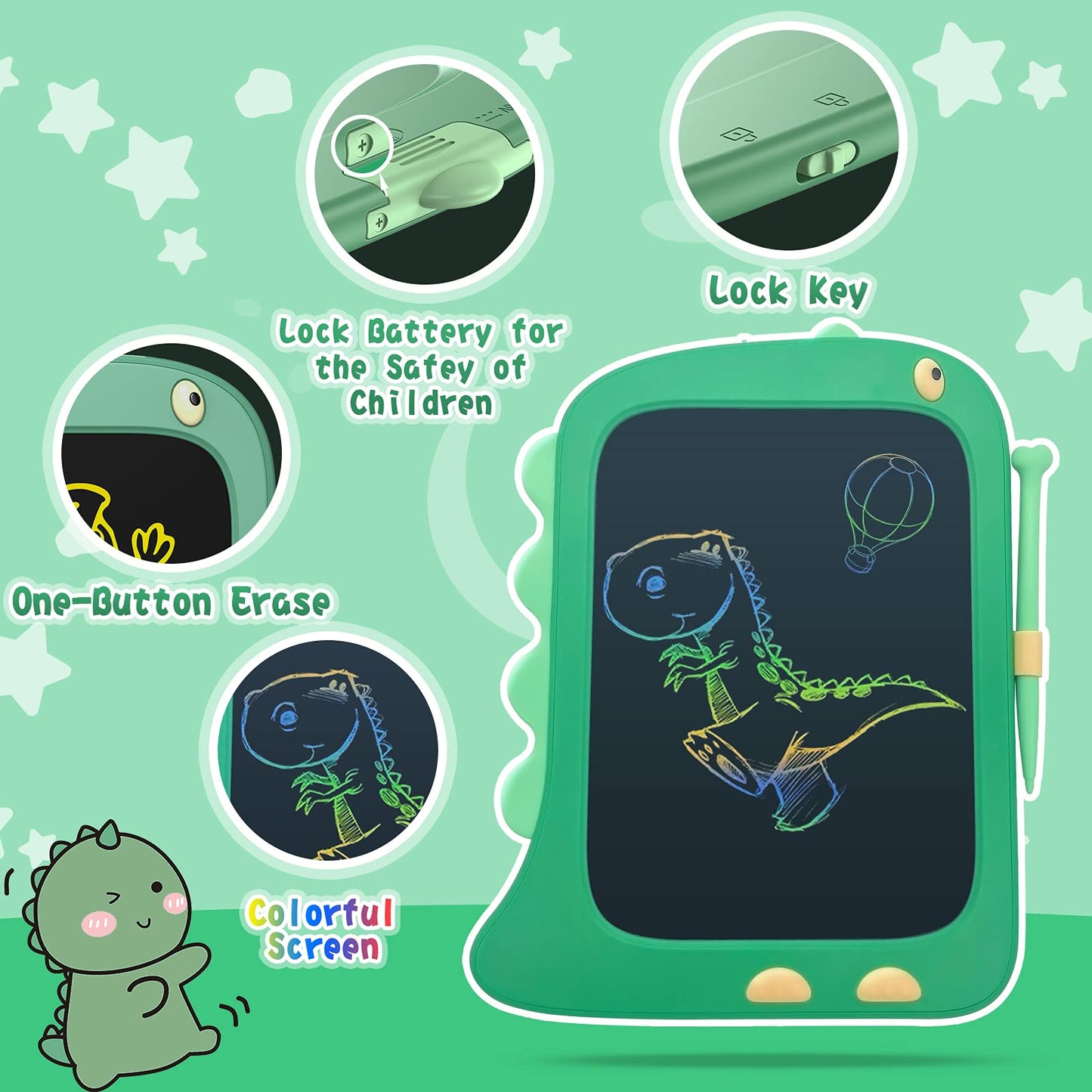 ORSEN LCD Doodle Board Tablet - 8.5 Inch Green Dinosaur Drawing Pad for Kids 2-6 Years - Fun Gifts for Christmas and Birthdays