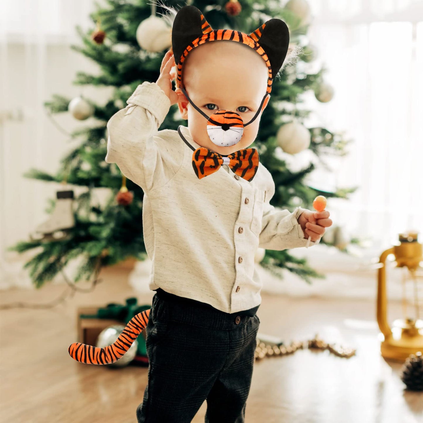 4 Pcs Kids Tiger Costume Kits Tiger Ear Headband Tail Nose Bow Tie Animal Tiger Fancy Costume For Halloween Cosplay Party(Vivid