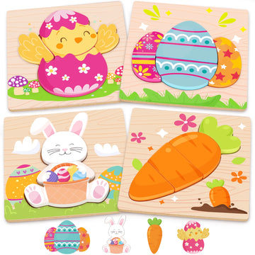 Easter Toys Gifts For Kids Toddlers - 4 Pack Wooden Puzzles With Rabbits, Carrots, Chicks, Eggs Design, Easter Party Favors For