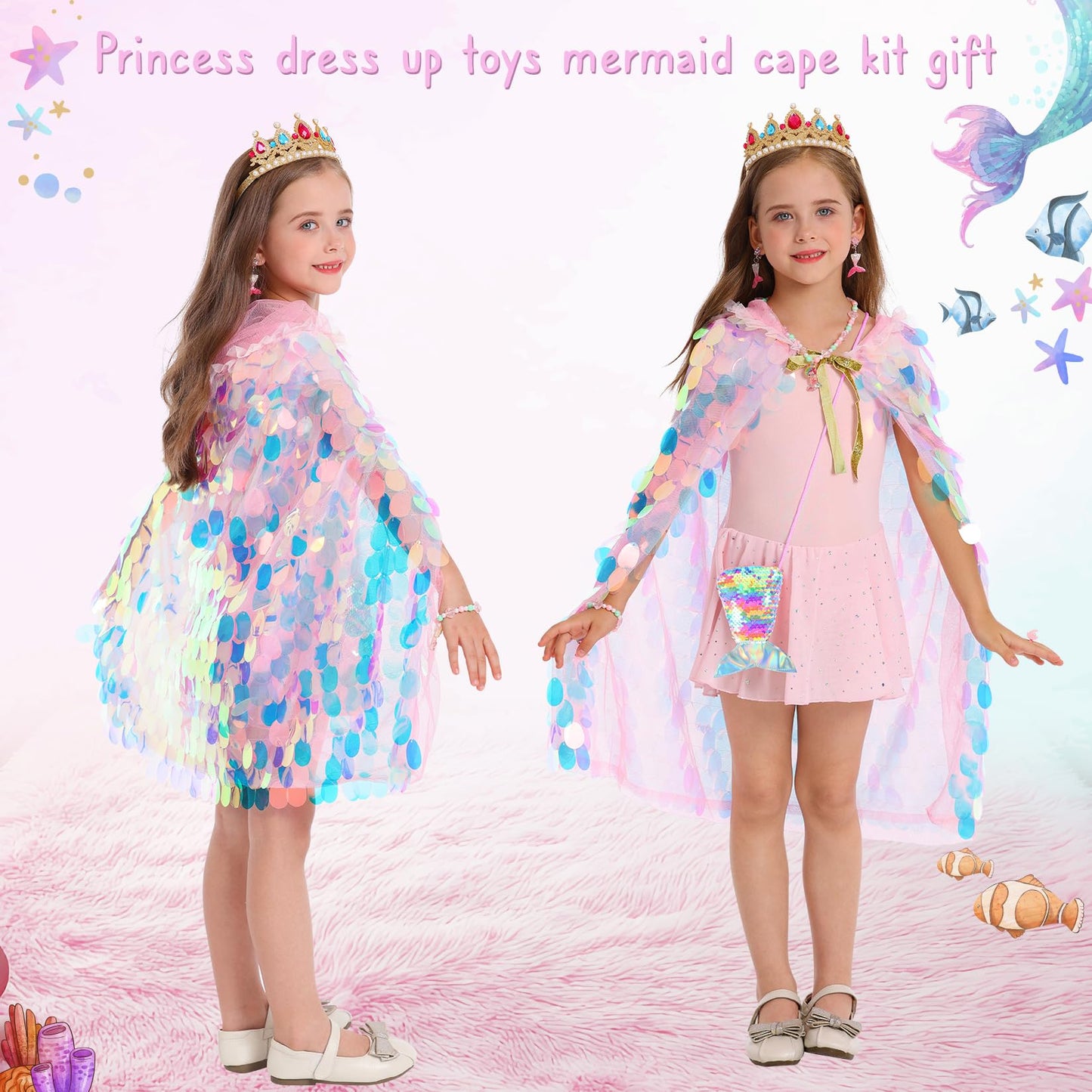 Princess Dress Up Cloak Princess Dress Up Clothes Mermaid Toys Rainbow Mermaid Princess Cloak Kit 9 Pcs Gift Set For Little Girls 3-8 Years Old, Great Gift Set For Birthday Christmas Halloween