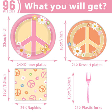 96 Pcs Groovy Birthday Party Supplies For 24 Guests Hippie Peace Sign Tableware Plates Napkins 60'S 70'S Two Groovy Retro Dinnerware Table Decorations Hippie Party Favor For Birthday Baby Shower Decor