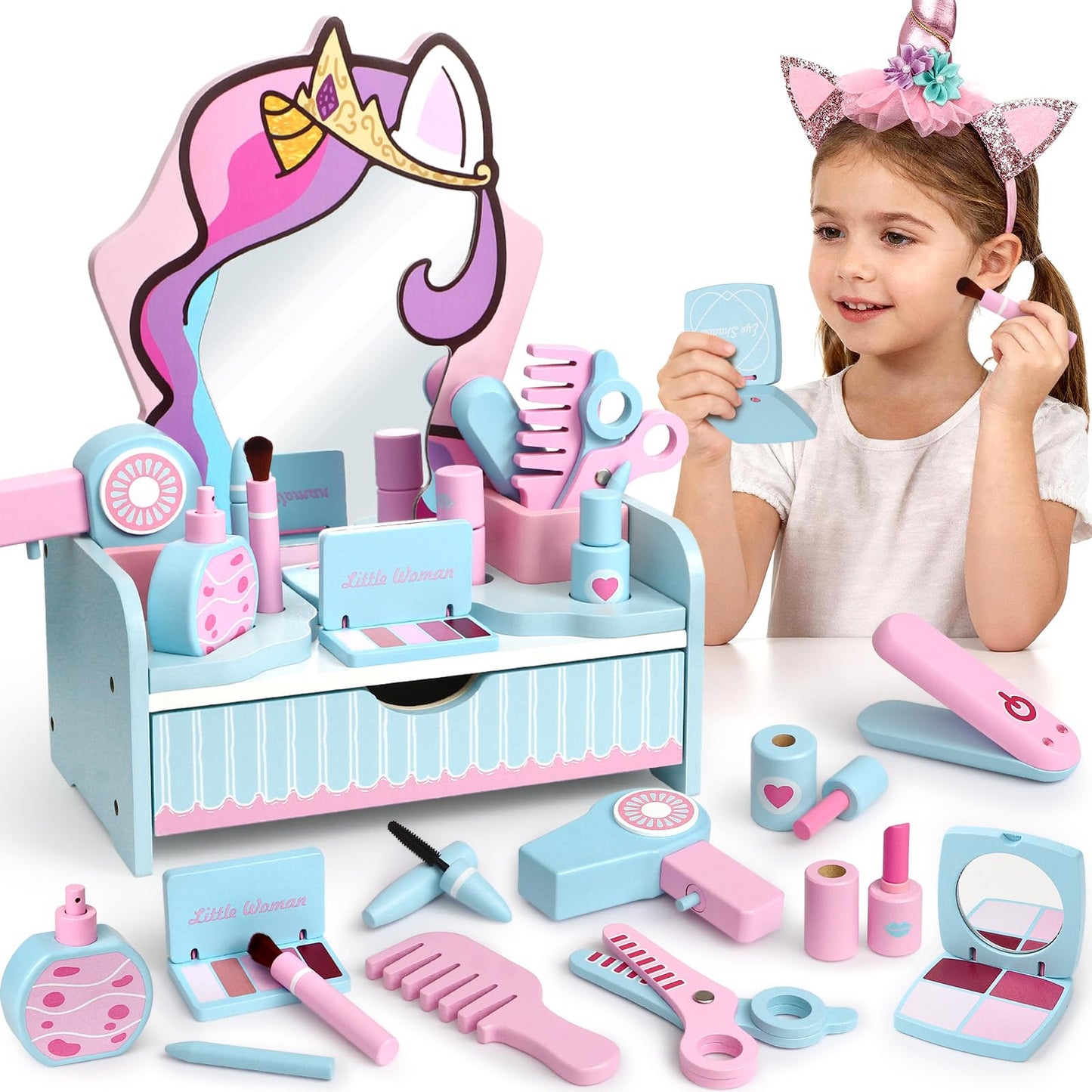 Atoylink Wooden Makeup Vanity Set for Girls, Unicorn Pretend Play Kids Table Toys with Mirror, Drawer, Hair Salon Set & Makeup A