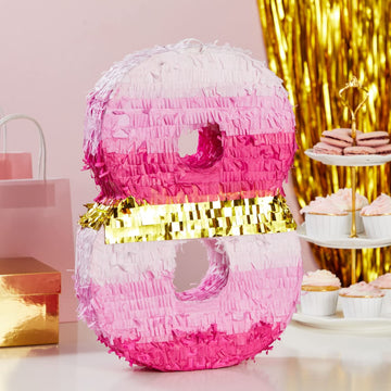 BLUE PANDA Number 8 Pinata - Pink and Gold Birthday Decorations, 16.5x11x3 in, Paper for Girls' 8th Birthday Party