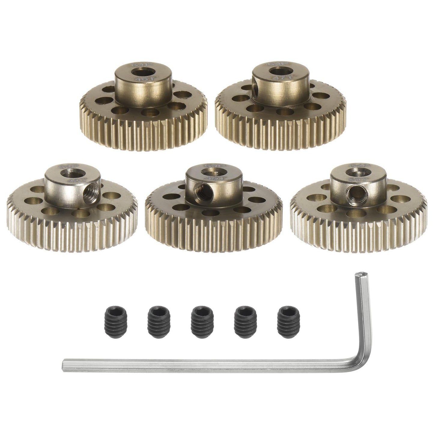uxcell 64P Pinion Gear Set 3.175mm (1/8'') Shaft 46T 47T 48T 49T 50T Aluminum Alloy Motor Gears with Step for 1/10 RC Car (5pcs)