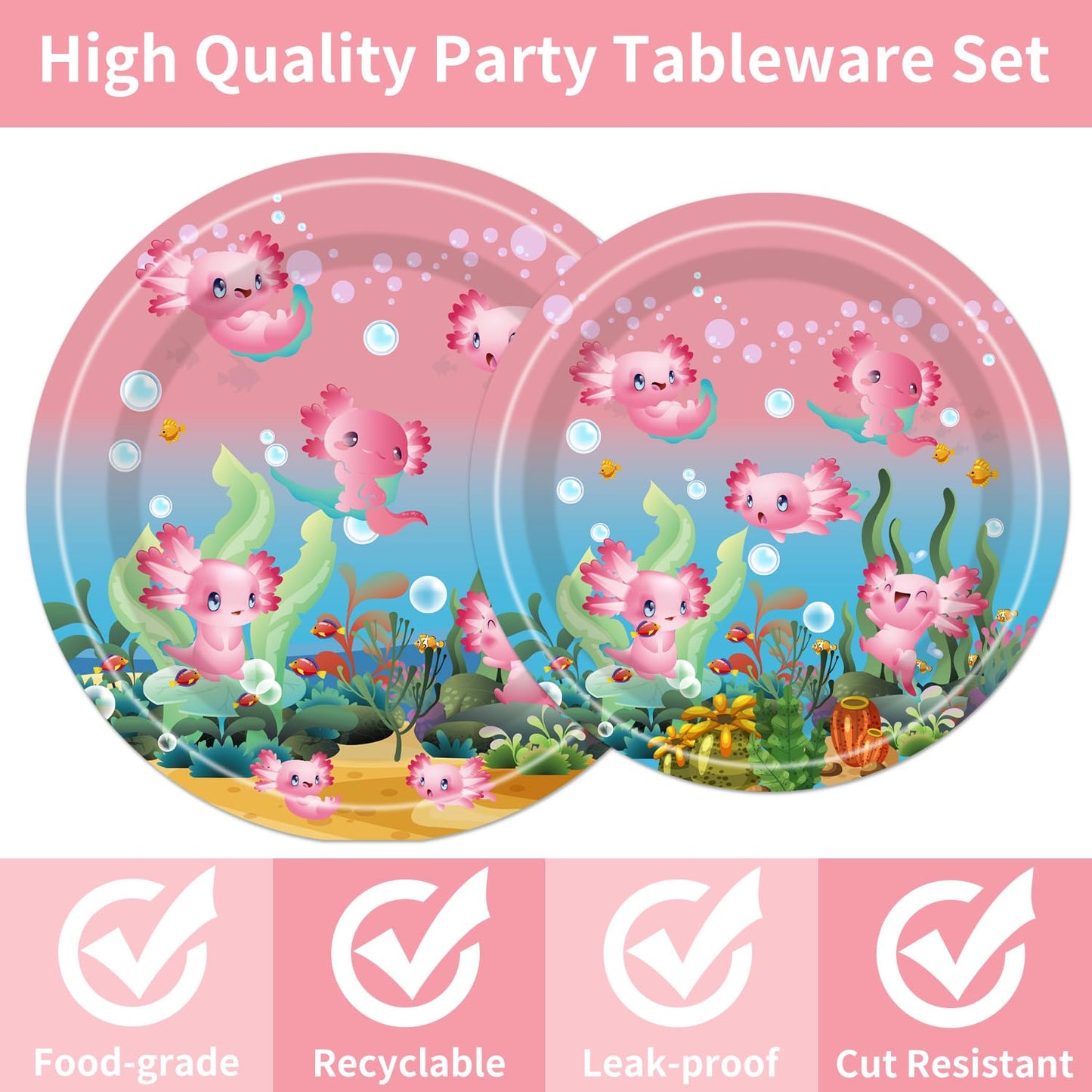 96Pcs Axolotl Birthday Party Supplies - Pink Reptile Animals Axolotl Plates Napkins Forks Disposable Tableware Set Girl Axolotl
