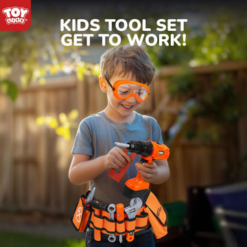 TOY Life Kids Tool Set - Construction Tool Kit with Tool Belt & Electronic Drill, Orange, for Ages 3-7, Durable Plastic