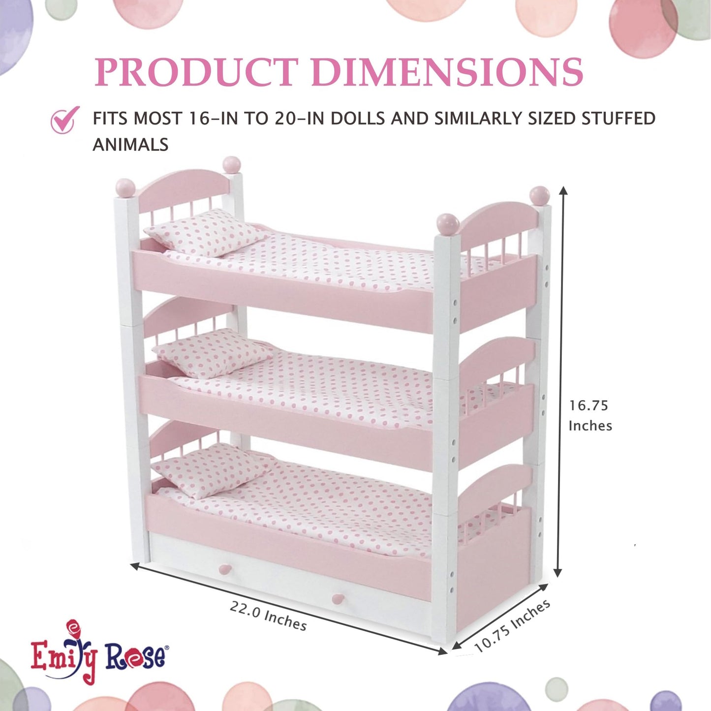 Emily Rose Doll Clothes Triple Bunk Bed, 18 Inch Doll Bedroom Furniture 3 Single Stackable Beds, Wooden Doll Accessories Bunkbed 18-In Doll Bedding, Toy Playsets - Fits 15' - 19' Dolls