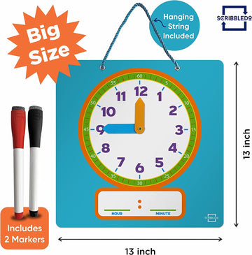 Scribbledo Writable Dry Erase Learning Clock For Kids Write & Wipe Demonstration Clock For Kids Learning To Tell Time Classrooms And Homeschool Supplies