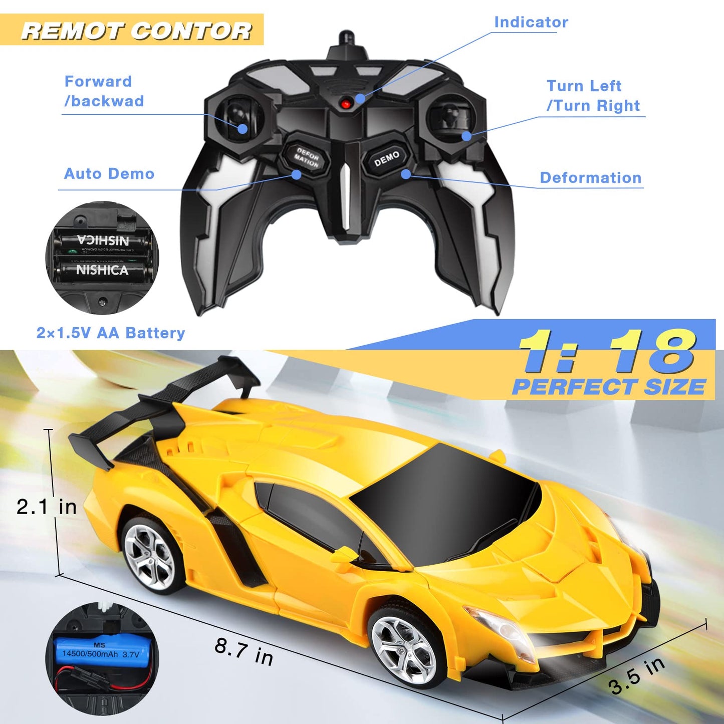 Remote Control Car Toys - Transforming RC Cars for Kids & Boys Toys - One Button Transformation and 360 Degree Rotating Drifting