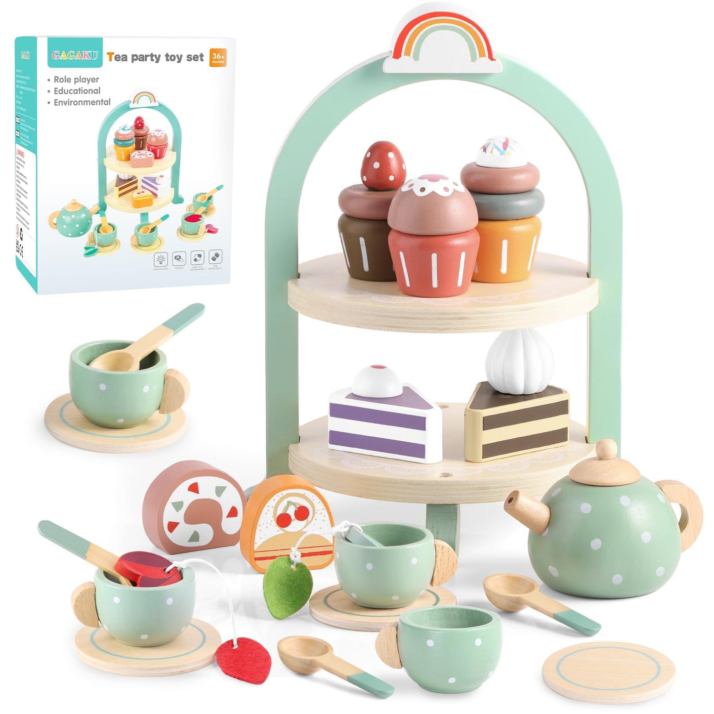 GAGAKU Wooden Tea Set for Little Girls Tea Set for Toddler Food Pretend Play Accessories Kids Kitchen Playset Tea Set for Toddle
