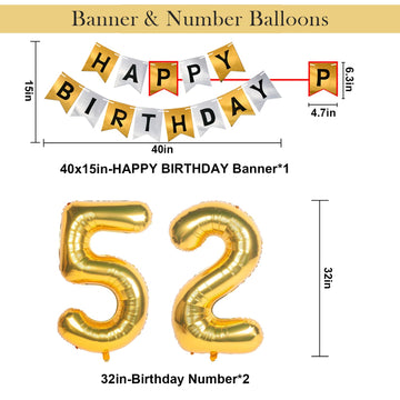 Naninuneno 52Nd Gold Birthday Decorations, Gold Black Silver Happy Birthday Balloons Supplies For Boy Men Girl Women, 52 Birthda