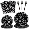Qyeahkj 100 Pcs 2000S Party Plates Napkins Forks Set Black Heart Tableware Supplies Y2K Theme Birthday Party Decoration Early 20