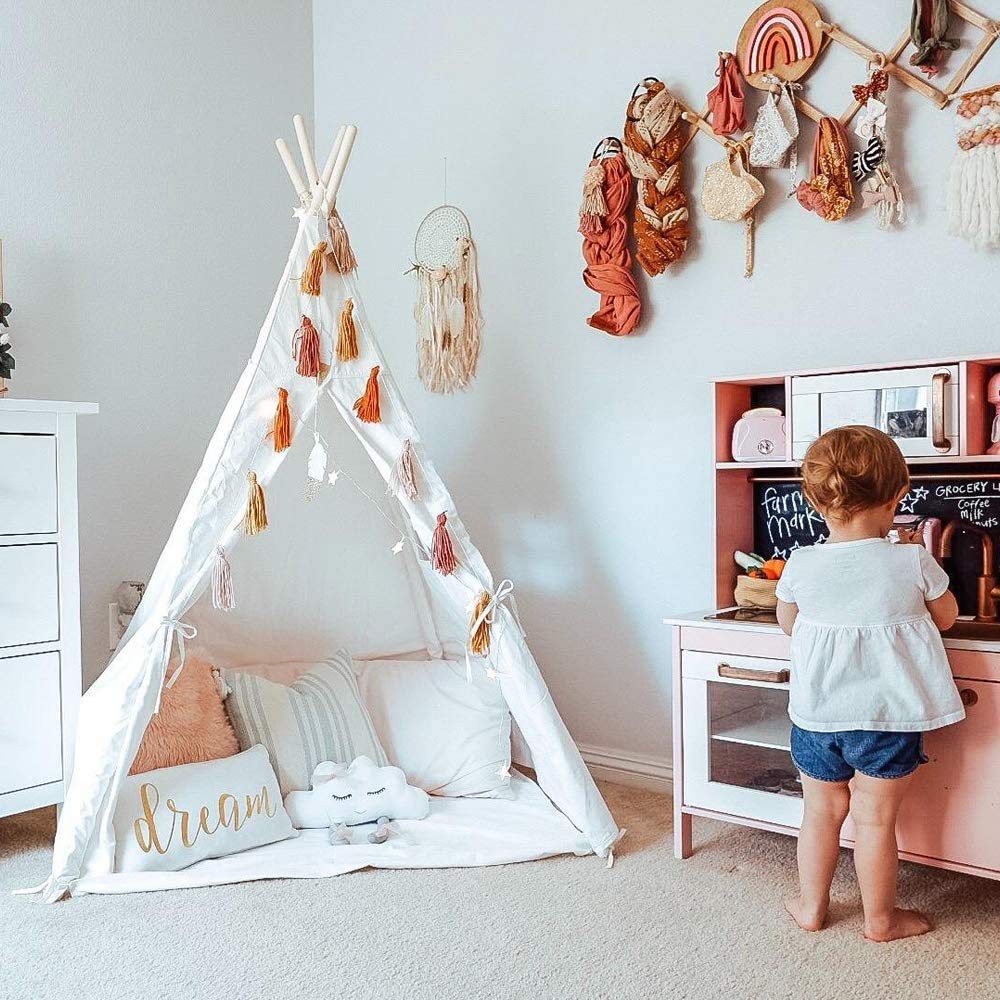 Wilhunter Kids Teepee Tent With Bottom Cloth, Paper Feathers & Flags, Gift For Boys & Girls, Toys For Toddler, Playhouse For Indoor Decor Party Games