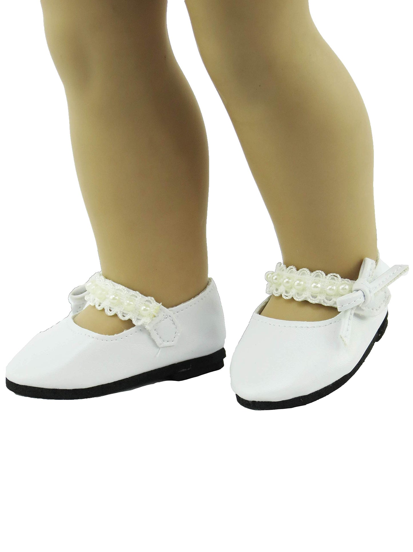 American Fashion World Black and White Pearl Flats for 18 inch Dolls | 2 Pack | enhanced Quality & Trendy Design | Dolls Shoes | Shoe Fashion for Dolls for Popular Brands