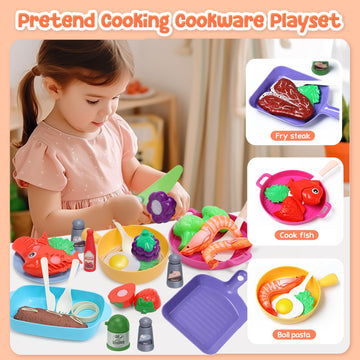 CUTE STONE Kids Play Kitchen Toy Accessories, Toddler Pretend Cooking Playset with Toys Cookware and Utensils, Toys Food for Cut