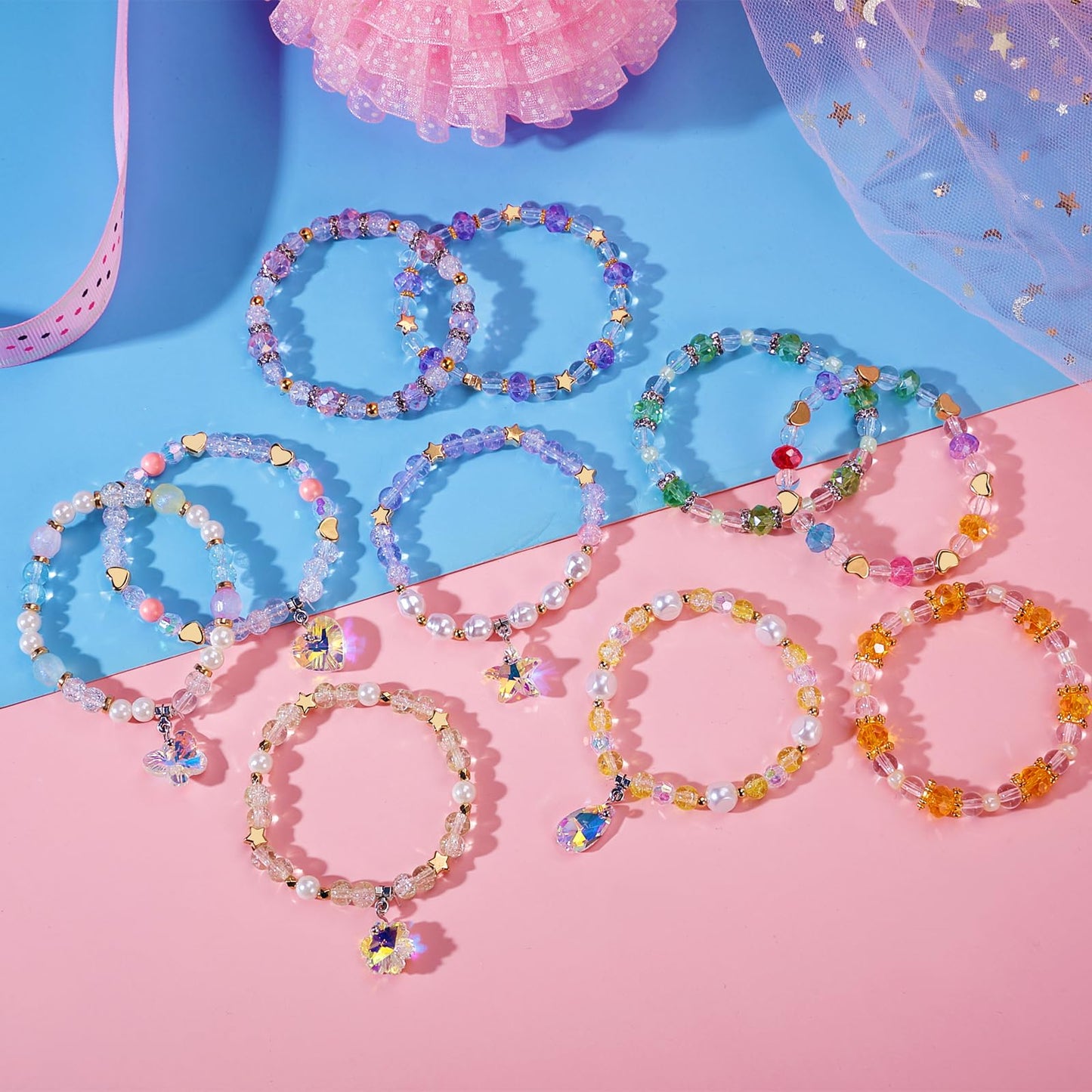 PinkSheep Beads Bracelets for Kids, Girls Friendship Charm Bracelet, Crystal Beads, 10 PC, Party Favor