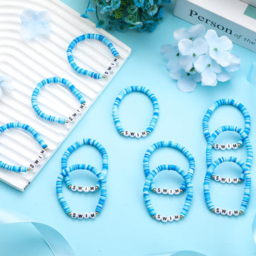 Tondiamo Swim Team Bracelets - 24 Pcs Blue Stretch Clay Polymer Beads, 7.5 inches, Perfect for Teen Gifts & Swimming Parties