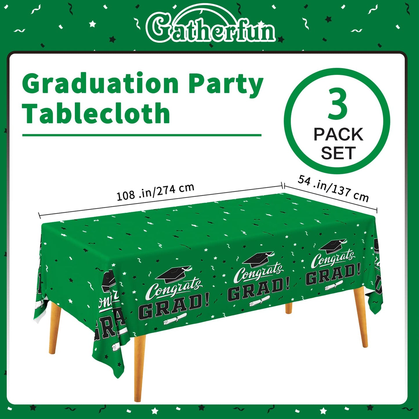 Graduation Party Decorations, Gongrats Grad Tablecover For Graduation Party Supplies, 3 Pcs Green Table Cloths, 54''X108''