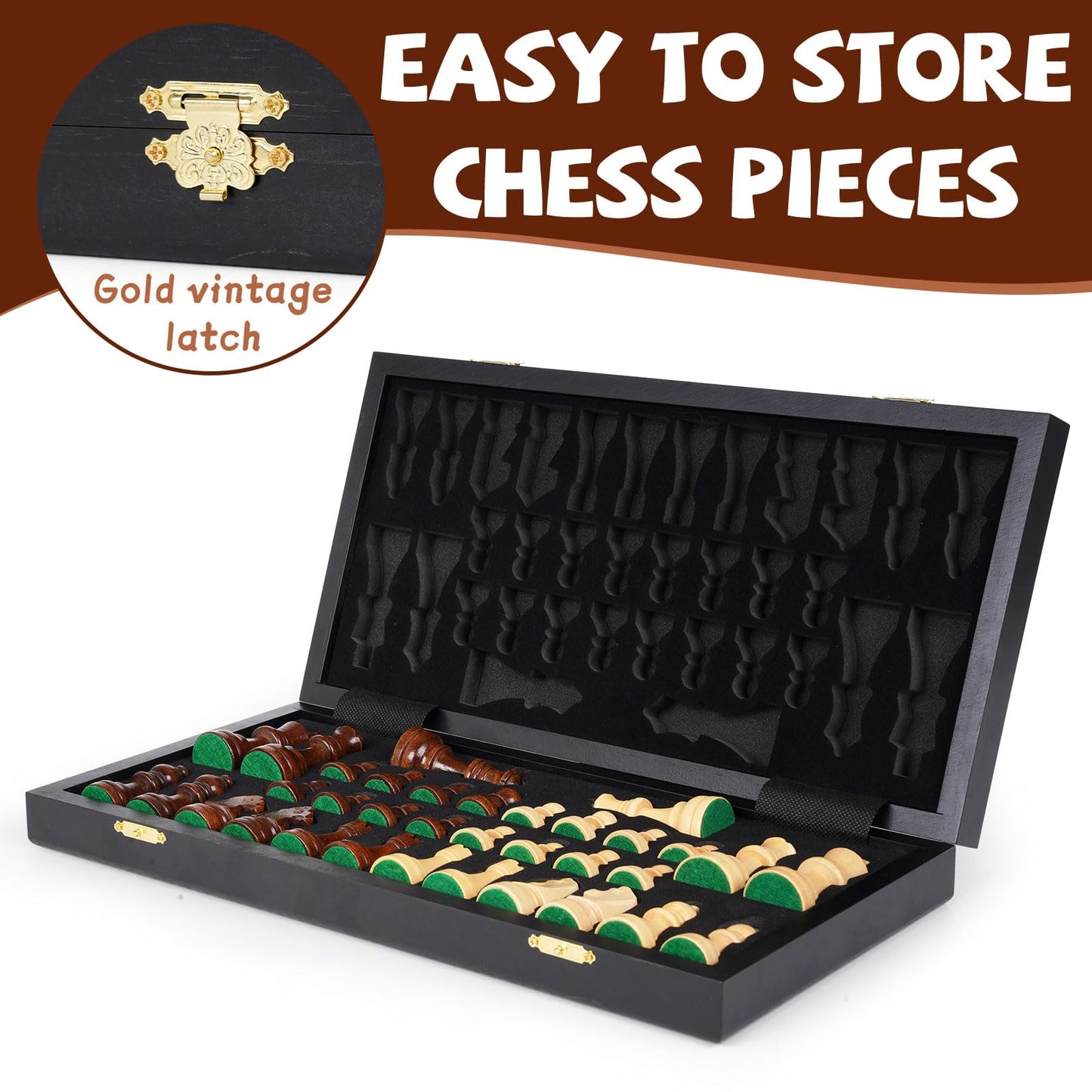 15-Inch Wooden Chess Set - enhanced Folding Wooden Chess Board with Carved Chess Pieces Built-in Storage Portable and Travel-Friendly Chess Game Sets for mature-themeds and Kids