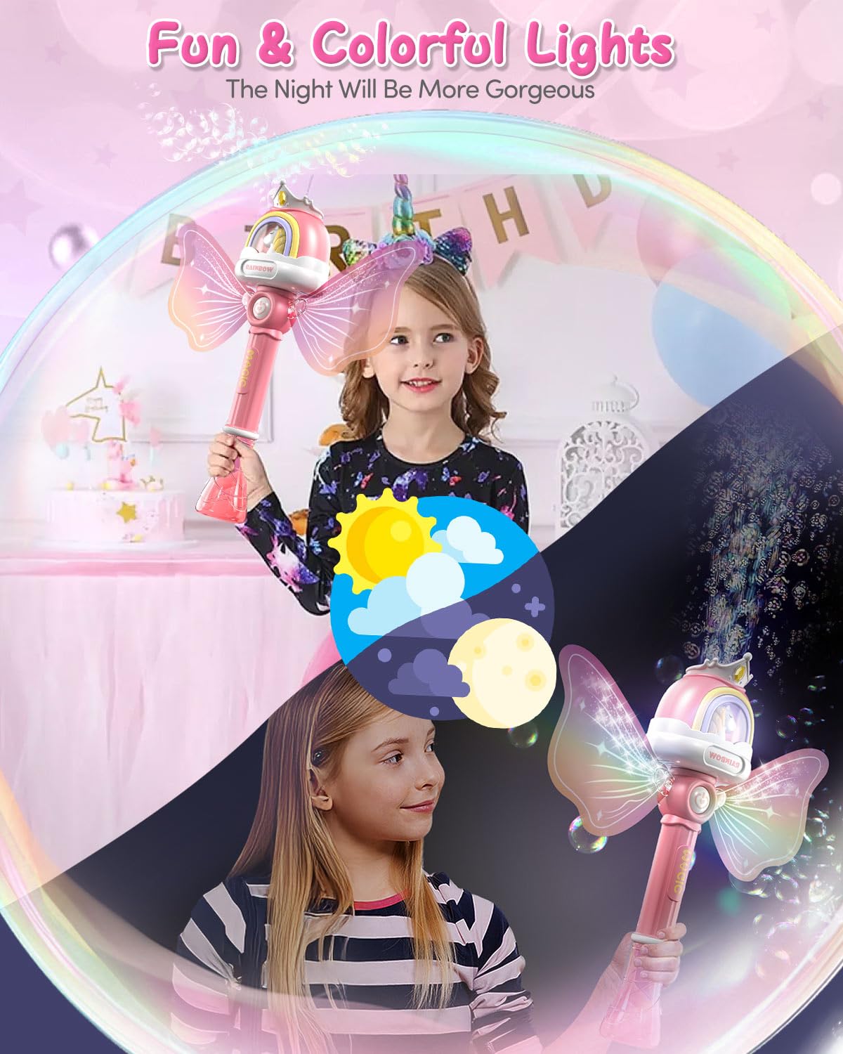 Bubble Wands for Girls Kids, Bubble Machine LED Light Princess Toys with 4 AA Batteries & 2 Solutions, Girl Stuff Outdoor Party