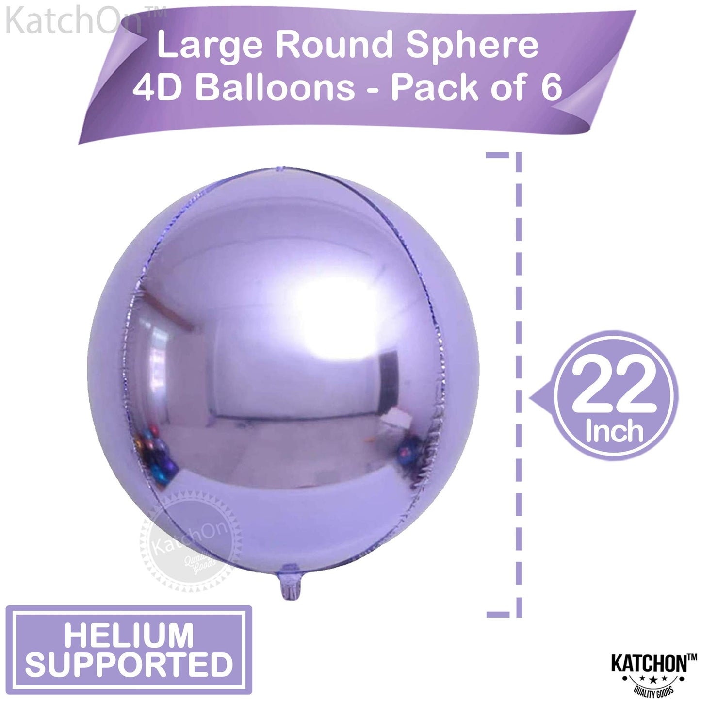 Katchon, Big Purple Mylar Balloons - 22 Inch, Pack Of 6 | 4D Round Balloons, Light Purple Foil Balloons | Purple Metallic Lavender Balloons For Lavender Party Decorations | Metallic Purple Balloons