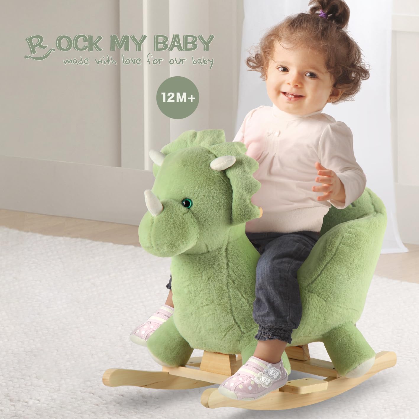 Rock My Baby Rocking Horse Green Dinosaur with Chair, Plush Stuffed Animal Rocker, Baby Rocker with Sweet Music, Wooden Rocking