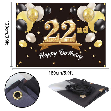 Pakboom Happy 22Nd Birthday Banner Backdrop - 22 Birthday Party Decorations Supplies For Men Him - Black Gold 4 X 6Ft